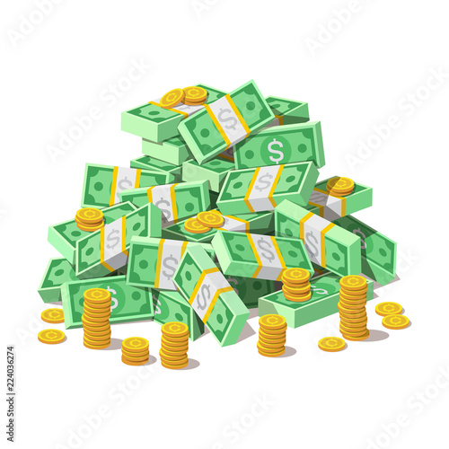 Big pile of cash money banknotes, american dollars and gold coins, cents. Currency, depository, bank, wealth, accumulation money isolated on white background. Vector illustration in flat style.