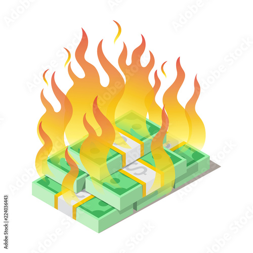 Burning pile of american dollars, banknotes, money concept. Inflation, devaluation, crisis, depreciation, bankruptcy isolated on white background. Vector illustration in flat style.