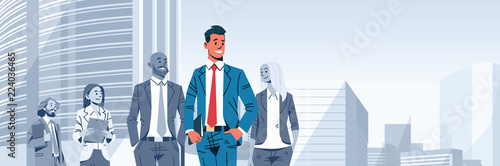 businessman team leader boss stand out business people group individual leadership concept male cartoon character portrait cityscape background horizontal banner flat vector illustration