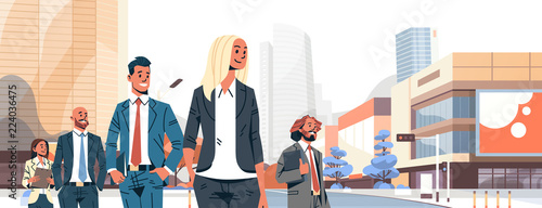 business people group diverse team successful men women over cityscape background male female cartoon character portrait flat horizontal banner vector illustration