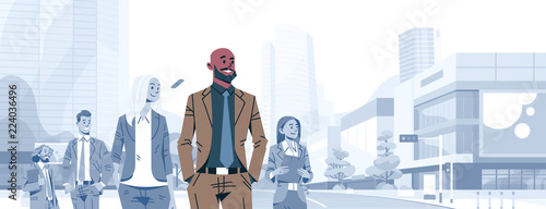 bald head businessman team leader boss stand out business people group individual leadership concept male cartoon character portrait cityscape background horizontal banner flat vector illustration