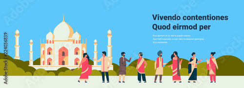 indian people group wearing national traditional clothes hindu man woman communication muslim cityscape mosque building horizontal banner copy space flat vector illustration