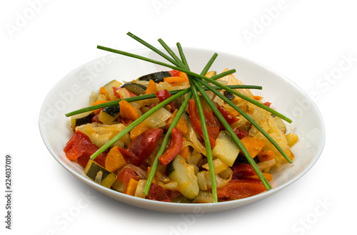 Fried Vegetable Mix with Zucchini, Sweet Pepper, Tomatoes, Onions Close Up
