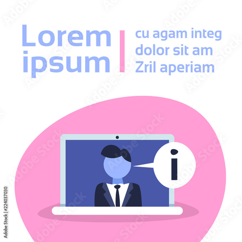 anchorman news announcer laptop screen info sign online video journalism live report breaking hot news concept male cartoon character portrait copy space flat vector illustration