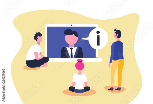 People watching news announcer laptop screen info
