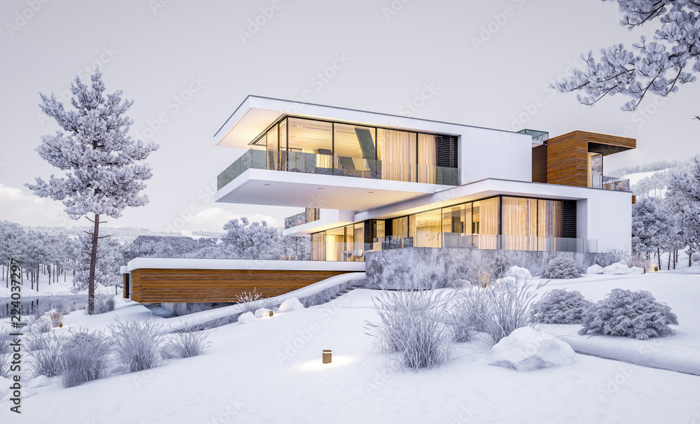 3d rendering of modern cozy house by the river with garage. Cool winter evening with cozy warm light from windows. For sale or rent with beautiful mountains on background