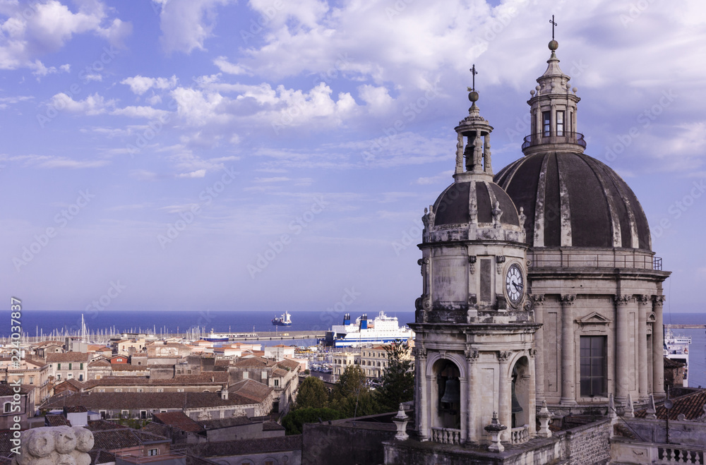 Catania, Sicily – august 08, 2018: Domes of the Cathedral dedicated to Saint Agatha. The view of the city of Catania 