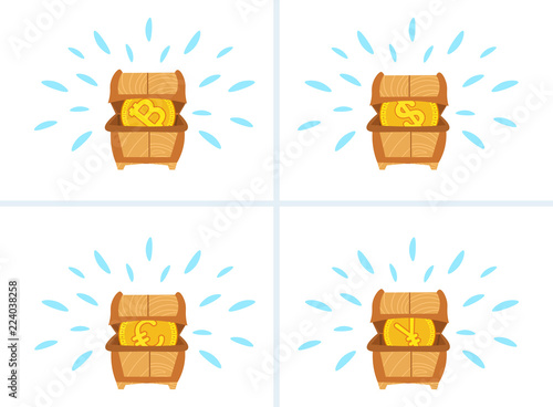 set different treasure dower chest full of euro dollar yuan bitcoin coins collection money growth wealth concept flat horizontal vector illustration