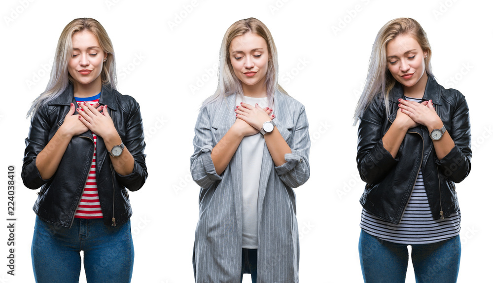 Fototapeta premium Collage of beautiful blonde young woman wearing jacket over isolated background smiling with hands on chest with closed eyes and grateful gesture on face. Health concept.