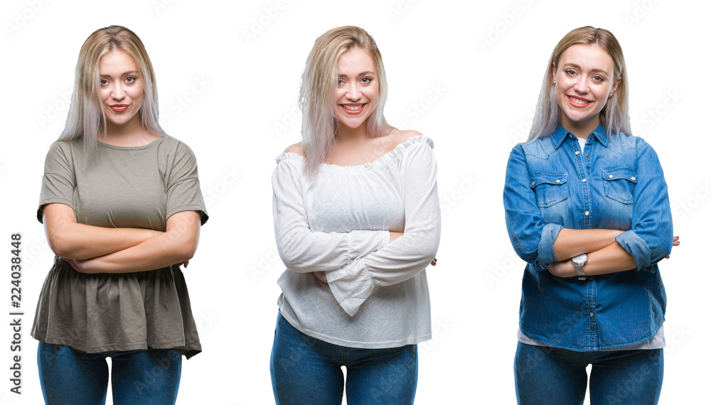 Collage of beautiful blonde young woman over isolated background happy face smiling with crossed arms looking at the camera. Positive person. Collage of beautiful blonde young woman over isolated background happy face smiling with crossed arms looking at the camera. Positive person.