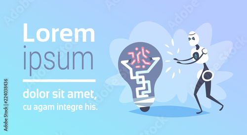 modern robot touching light lamp new creative idea concept bot helper assistance artificial intelligence generating innovation horizontal copy space flat vector illustration
