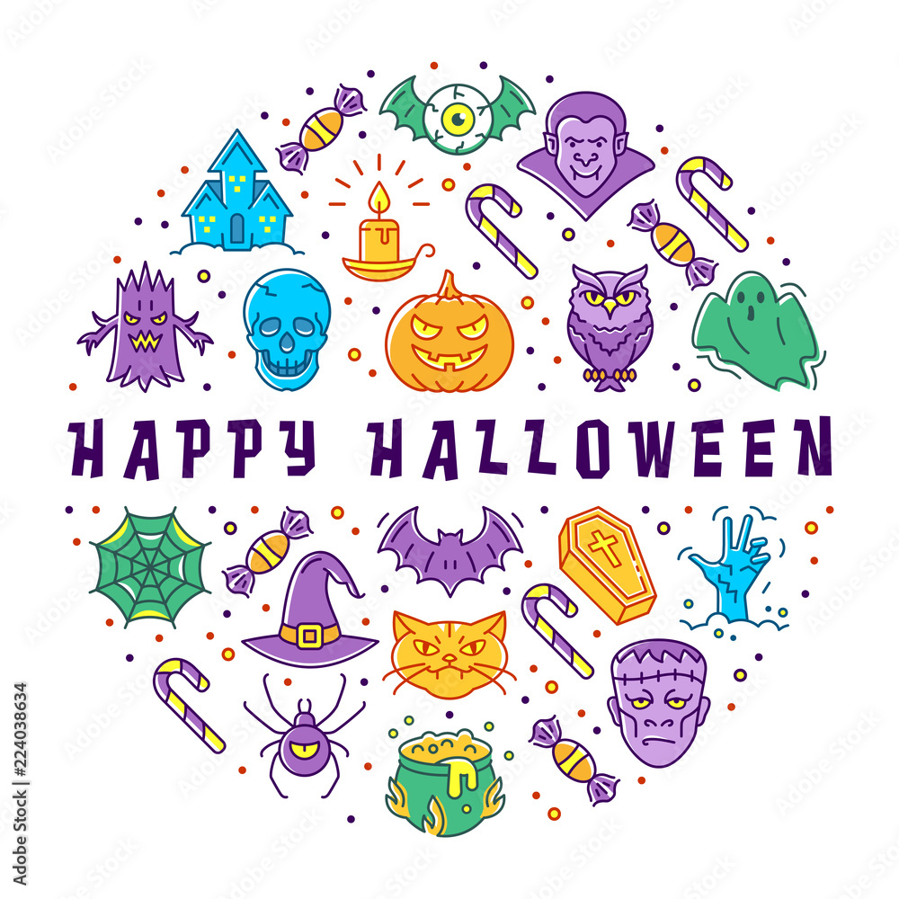 Fototapeta Happy Halloween card. Halloween circle infographics, trendy line art icons. Colorful Halloween icons for poster, tags, banners, flyers, stickers. Vector flat illustration