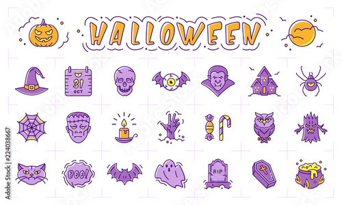 Halloween icon set. Pumpkin, ghost, scary wood. Vampire, frankenstein, witch, bat and other Halloween icons. Vector isolated Halloween symbols