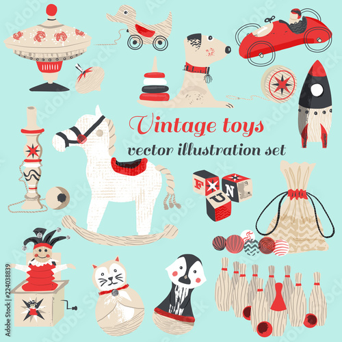 Set of 15 vintage  retro wooden toys illustrations. Traditional wooden toys scandinvian style inspired, illustrated in mixed media : vector drawing and hand made brush and pen textures.