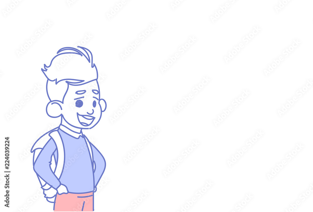 Fototapeta premium schoolboy with backpack go to school education concept sketch doodle horizontal vector illustration