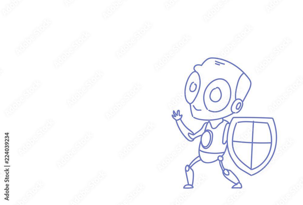 cute robot hold shield data protection technology modern artificial intelligence concept sketch doodle horizontal vector illustration cute robot hold shield data protection technology modern artificial intelligence concept sketch doodle horizontal vector illustration