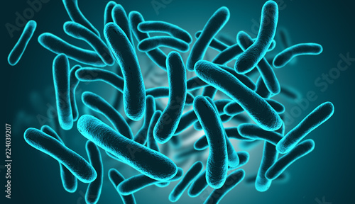 Bacteria closeup in blue background. 3d illustration.