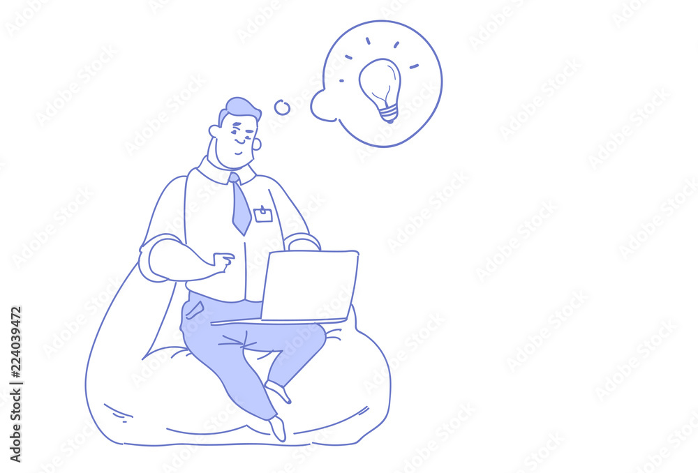 businessman using laptop generating creative ideas innovation concept business man inspiration light lamp startup sketch doodle horizontal vector illustration