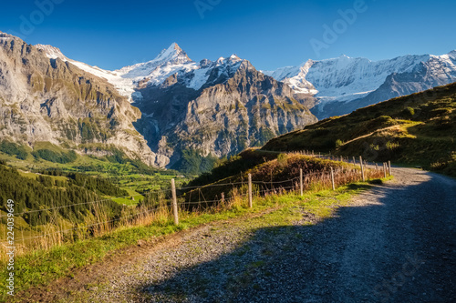 Sun is setting during the famous hiking trail from First to Grindelwald (Bernese Alps, Switzerland). You can have great views on Eiger, Monch and Jungfrau and the Bachalpsee along the way. © Chris