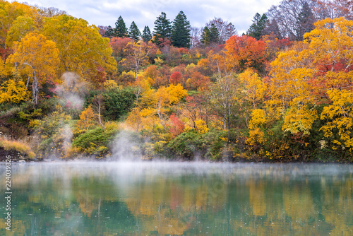 Fototapeta Naklejka Na Ścianę i Meble -  Autumn Onsen Lake Aomori Japan