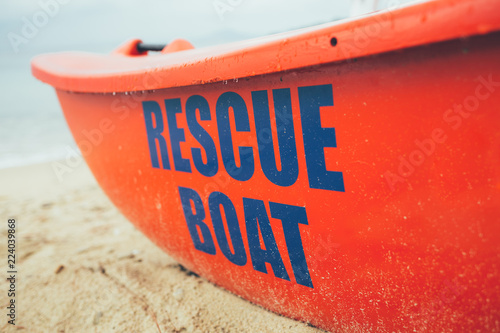 Obraz na plátně Close up of rescue boat on the beach