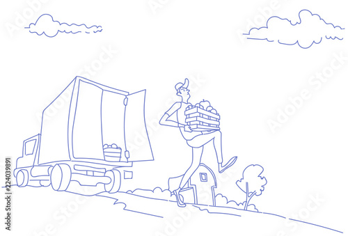 Farm harvest transportation lorry carrying fruits vegetables fast delivery concept courier man carry wooden box sketch doodle horizontal vector illustration