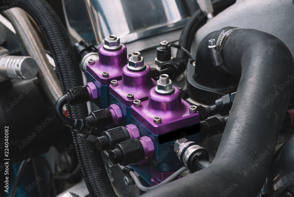 Obraz premium Dragster engine details, racing car, racing engine