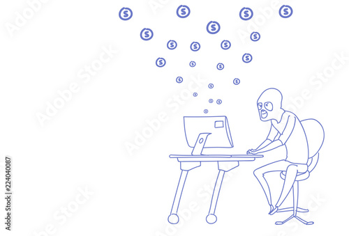 Man mask sitting computer hacker activity stealing money concept viruses credit card money attack bank account hacking sketch doodle vector illustration