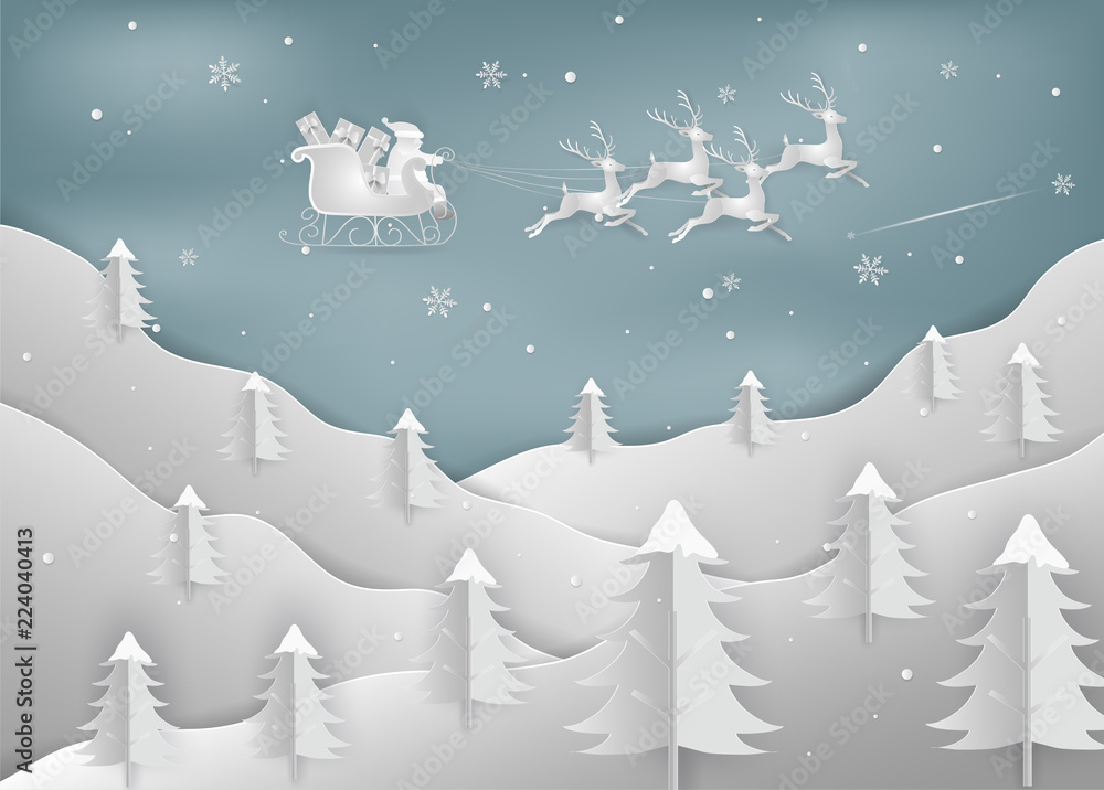 Merry Christmas and New Year. Illustration of Santa Claus with reindeer on the sky. Christmas forest woods with mountains. minimal greeting card concept. Paper art and digital craft style.