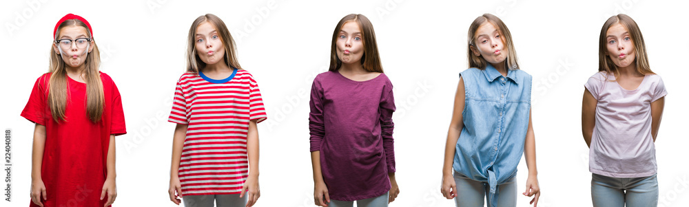 Collage of young beautiful little girl kid over isolated background making fish face with lips, crazy and comical gesture. Funny expression. Collage of young beautiful little girl kid over isolated background making fish face with lips, crazy and comical gesture. Funny expression.