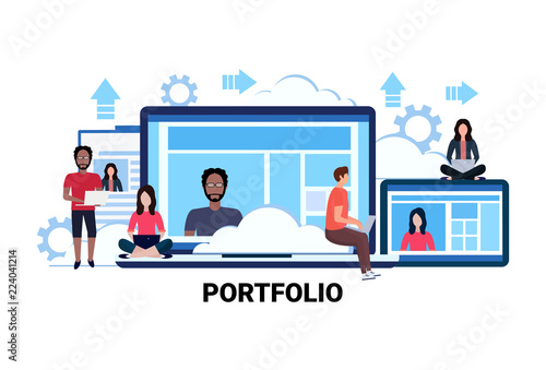 businesspeople using gadgets online resume information portfolio concept mix race people communication flat horizontal vector illustration