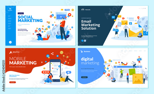 Set of web page design templates for digital marketing, mobile solutions, networking and email marketing. Modern vector illustration concepts for website and mobile website development. 