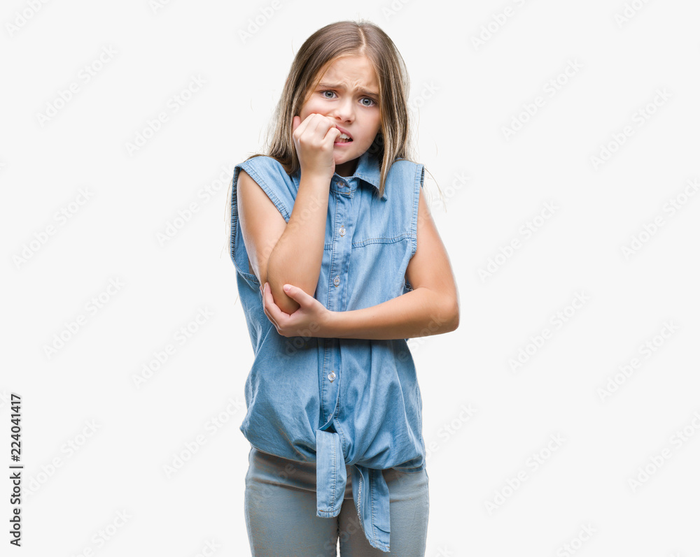 Young beautiful girl over isolated background looking stressed and nervous with hands on mouth biting nails. Anxiety problem. Young beautiful girl over isolated background looking stressed and nervous with hands on mouth biting nails. Anxiety problem.