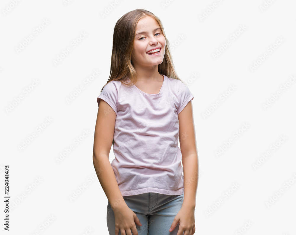 Young beautiful girl over isolated background looking away to side with smile on face, natural expression. Laughing confident.