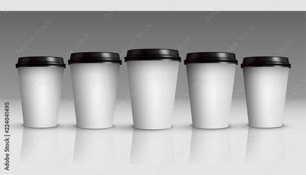 Coffee or tea cups mock up. Set of vector white coffee cups isolated on gray background. Coffee or tea cups mock up. Set of vector white coffee cups isolated on gray background.