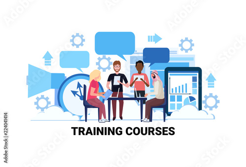 mix race people studying online training courses concept people learning internet webinar male female cartoon character horizontal vector illustration