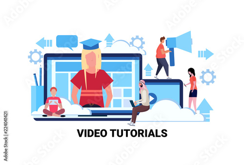 mix race people studying online training courses video tutorial concept people learning internet webinar male female cartoon character horizontal vector illustration