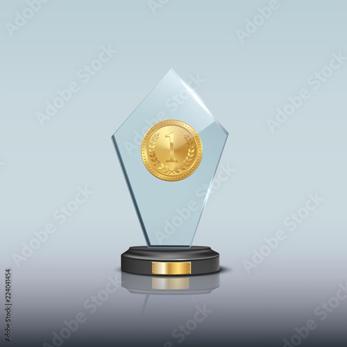Glass award with gold medal isolated on blue background. Vector design element.