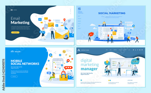 Set of web page design templates for mobile social network, internet marketing solutions. Modern vector illustration concepts for website and mobile website development. 