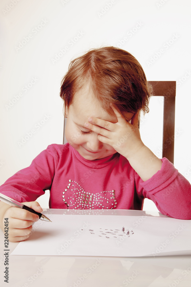 Business child girl working with documents in office. Humorous image. Business child girl working with documents in office. Humorous image.