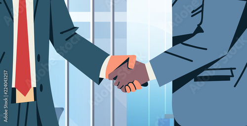 businessmen handshake agreement deal concept mix race business men partnership communication modern office interior male cartoon character flat horizontal vector illustration