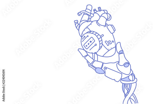 modern robot hand holding steel robotic heart artificial intelligence assistance concept sketch doodle horizontal vector illustration