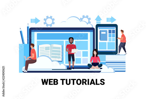 mix race people studying online application web tutorials concept people learning internet book app male female cartoon character horizontal vector illustration