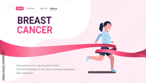 breast cancer day running sport woman pink ribbon awareness prevention concept poster female cartoon character full length horizontal copy space flat vector illustration