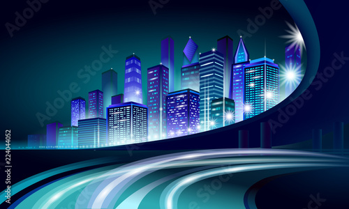 Smart city 3D neon glowing cityscape. Intelligent building automation night futuristic business concept. Web online vivid color cyberpunk retrowave. Urban technology banner vector illustration