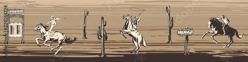 Wild west vector seamless border. Male background with silhouette of cowboys, horses. Lined pattern Texas chase and gunfight. Hand drawn illustration