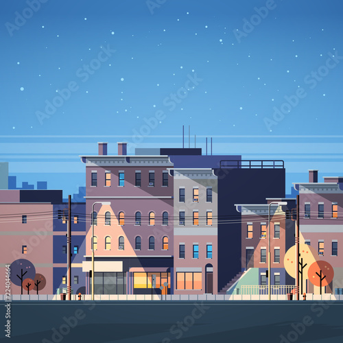 city building houses night view skyline background real estate cute town concept flat vector illustration