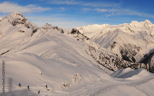 Panoramic mountain view of the Grossglockner Snow mountain range in East Tyrol from the Adler Lounge above Matrei © gmcphotopress