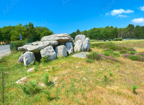 Vista Paisaje del Dolmen de Kermario en el Yacimiento Prehistórico Neolítico y Celta de Menhires de Carnac, Morbihan, Bretaña, Francia photo