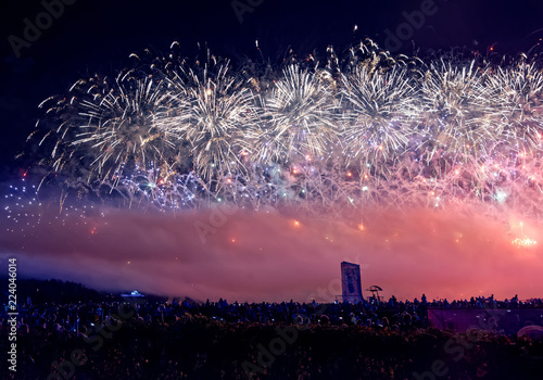 Canvas Print Moscow city district complex Krylatskoe rowing channel fireworks show circle of